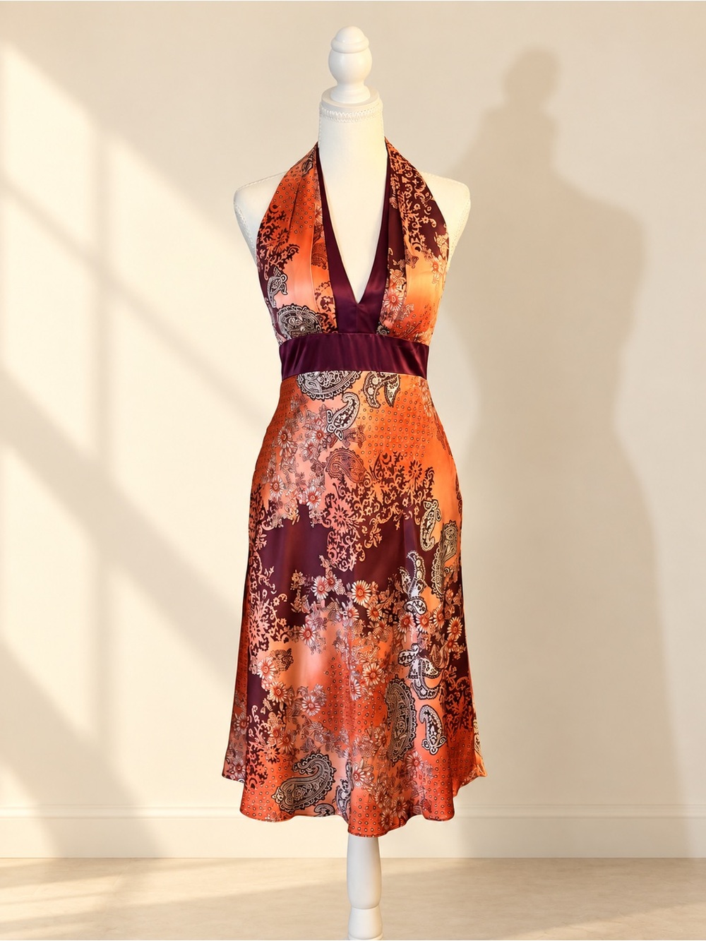 Vintage Y2K Muse 100% Silk Paisley Halter Dress Orange Burgundy Size 6